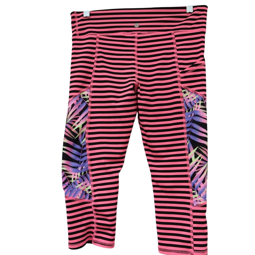 Avia‎ Girls XL 14-16 Pink Black Striped Tropical Palm Girl Leggings with Pocket
